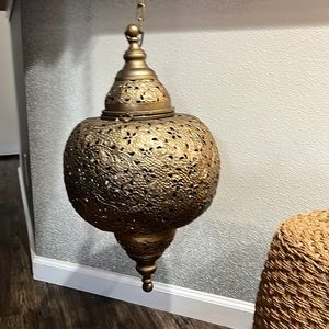 Metal hanging ornate Mediterranean gold tone candle holder